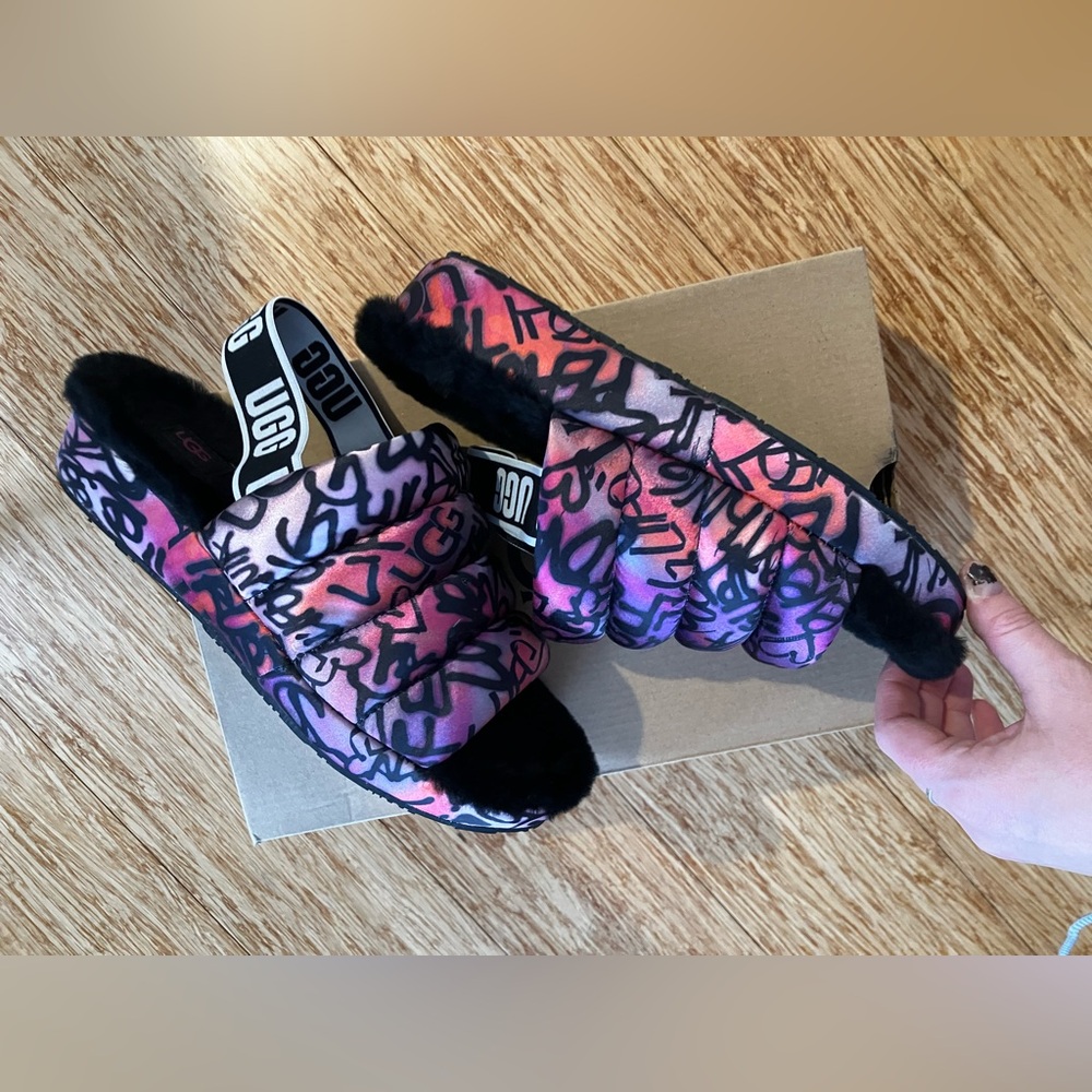 Pink purple black “ Puff Yeah Graffiti” platform Ugg slides w/ sling strap - Picture 3 of 8